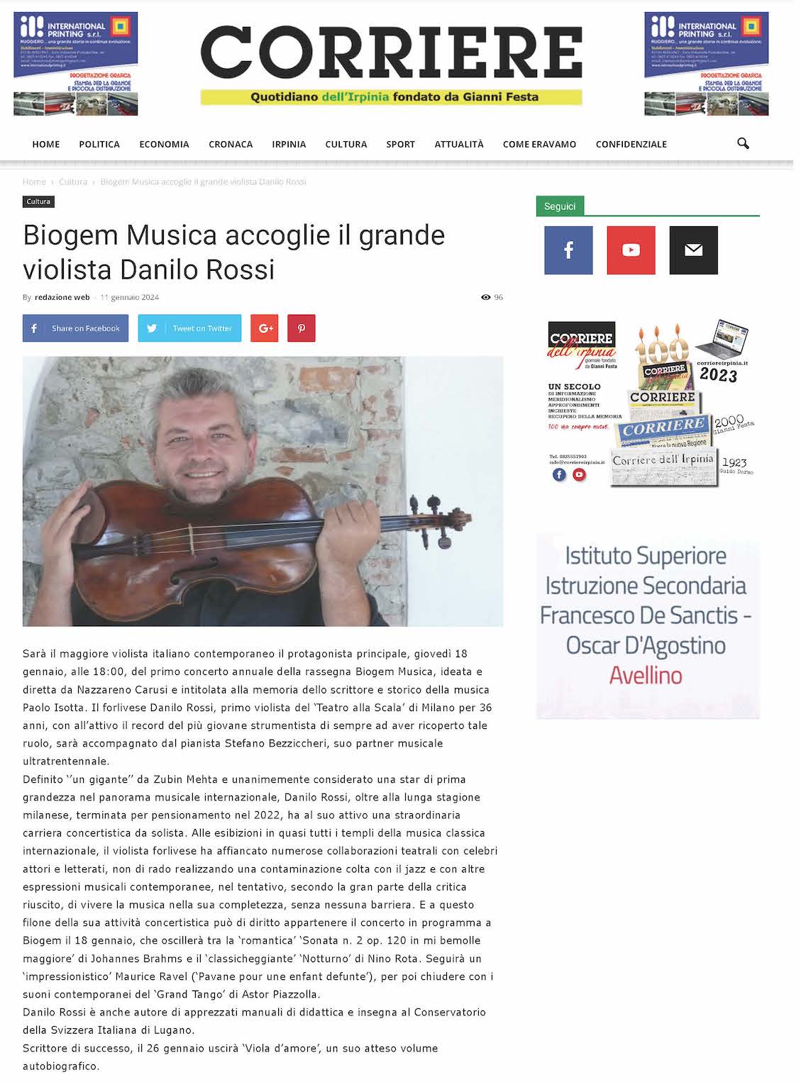 Biogem Musica accoglie il grande violista Danilo Rossi